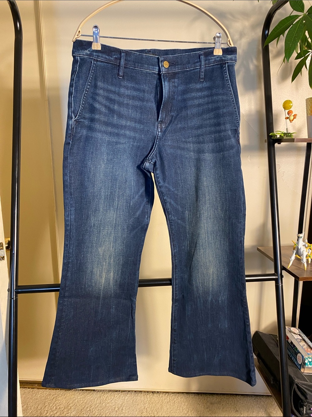 Express Women's Indigo Mid Rise 70’s Flare Jeans with soft distressing